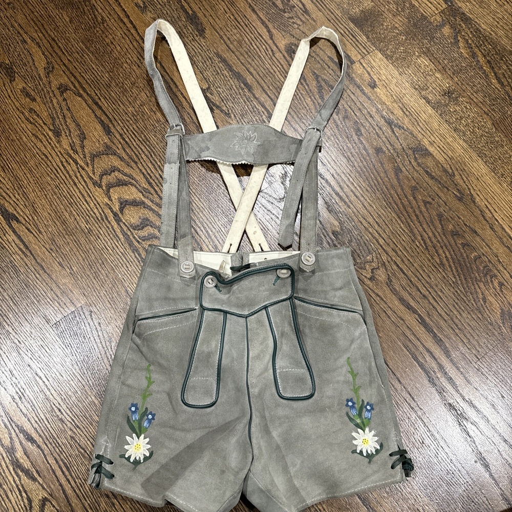 Vintage‎ Oktoberfest Lederhosen With Overalls  10 Suede Leather Gray Green